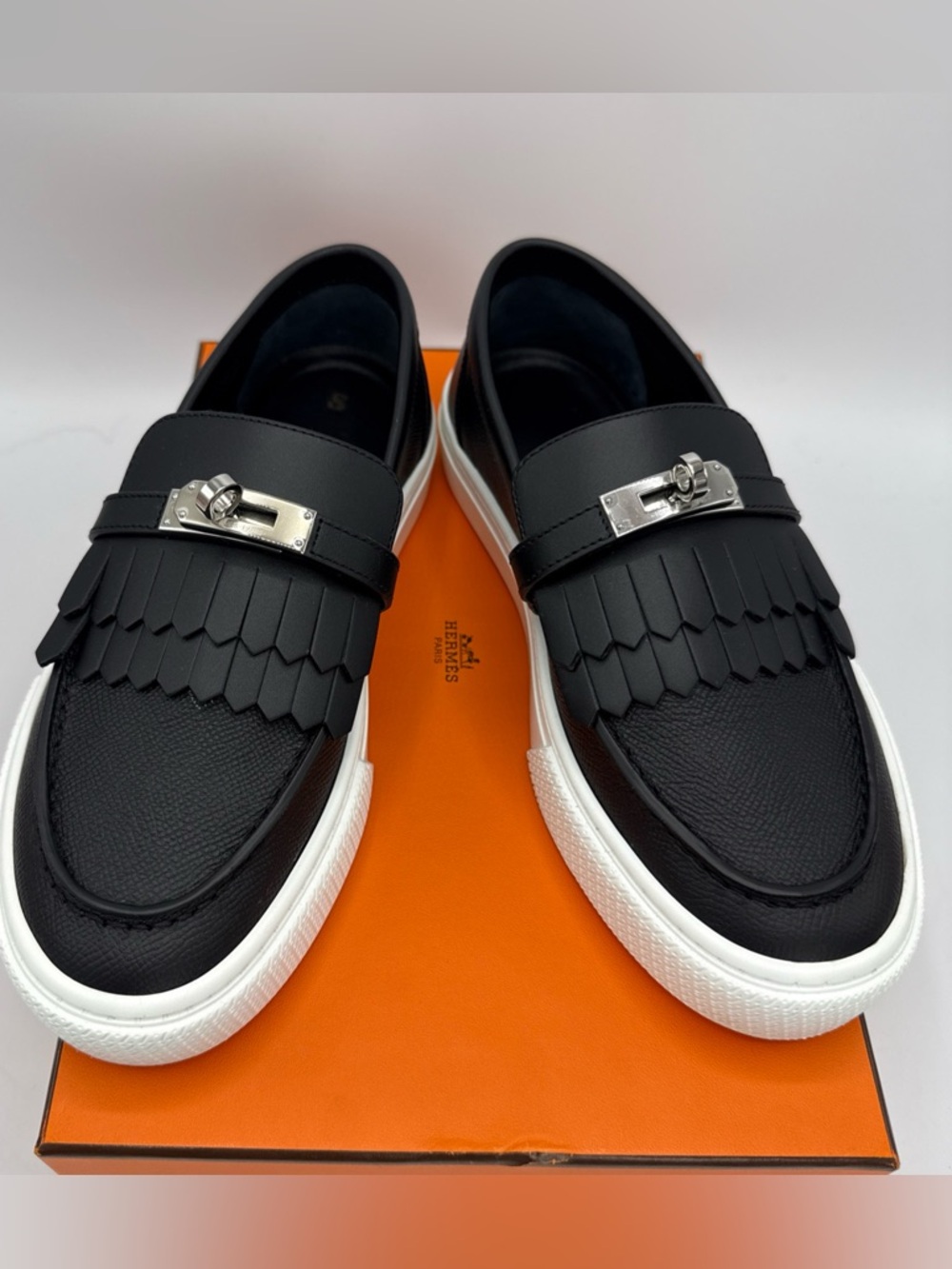 NWB HERMES Epsom Calfskin Game Slip On Fringe Sneakers 37.5 Black